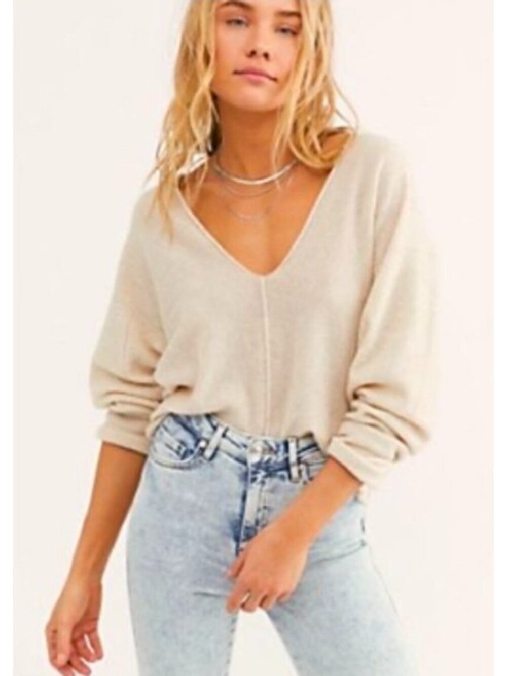 Free People 100% Cashmere Sweater Women M Ivory Cropped V Neck Ribbed Knit